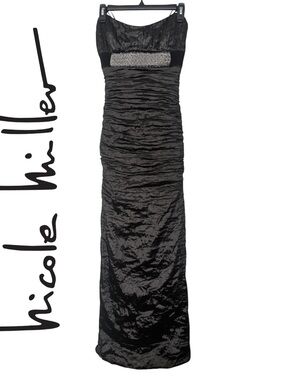 Vintage Nicole Miller signature strapless metallic black prom dress evening gown